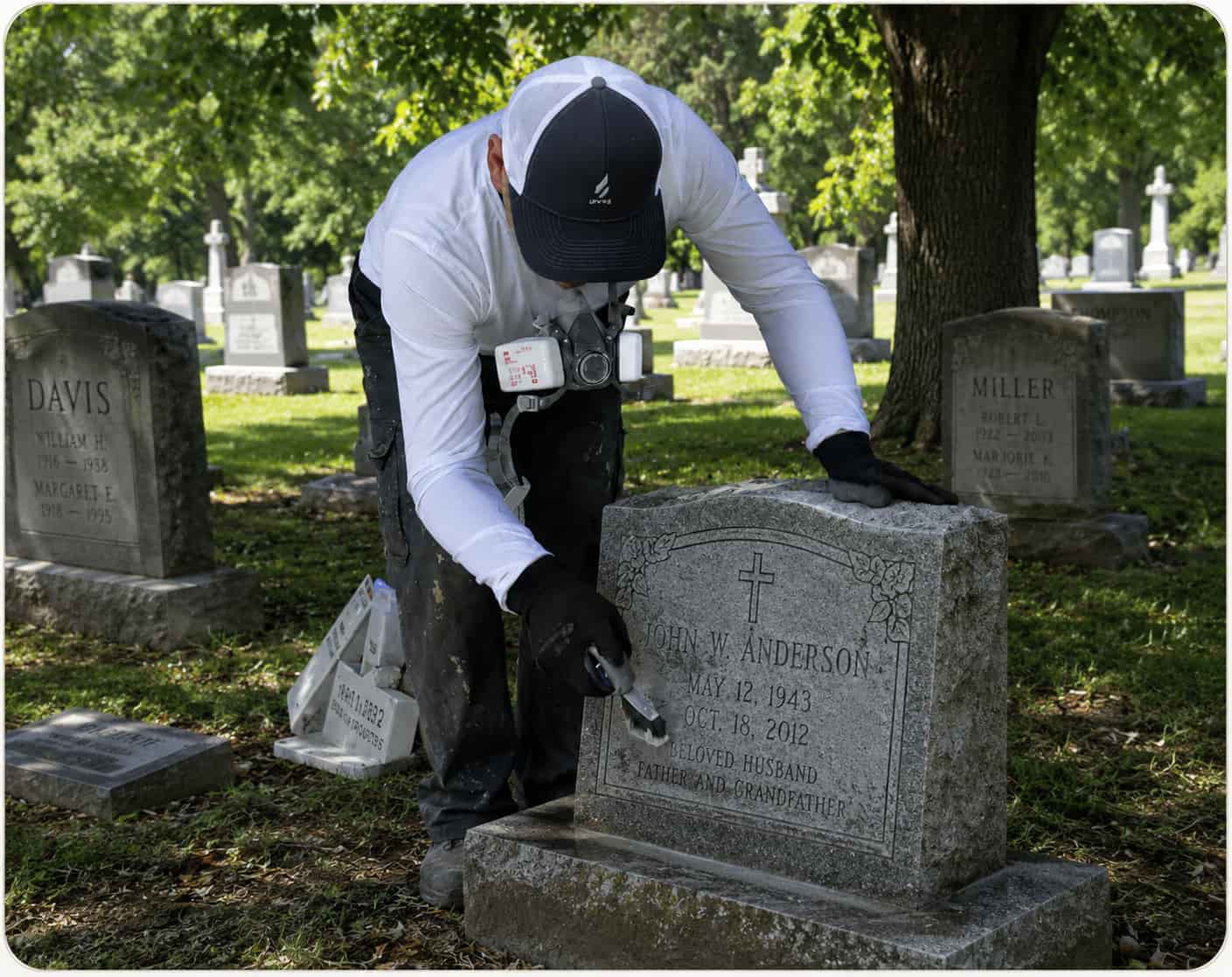 A Tending specialist carefully restoring an aged headstone on-site