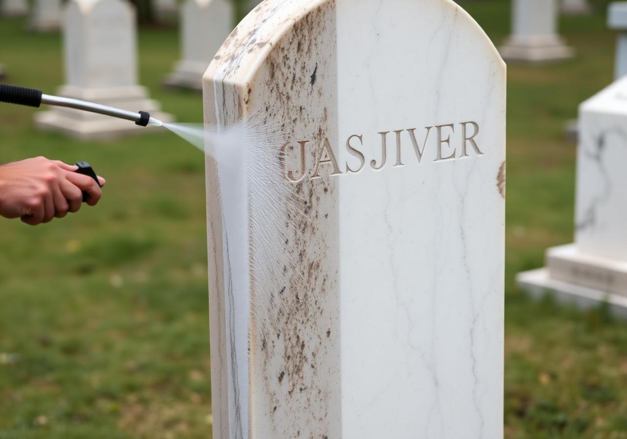 Low-pressure spray cleaning a weathered marble headstone