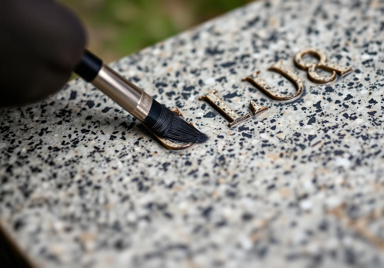 Brush repainting incised letters on a headstone