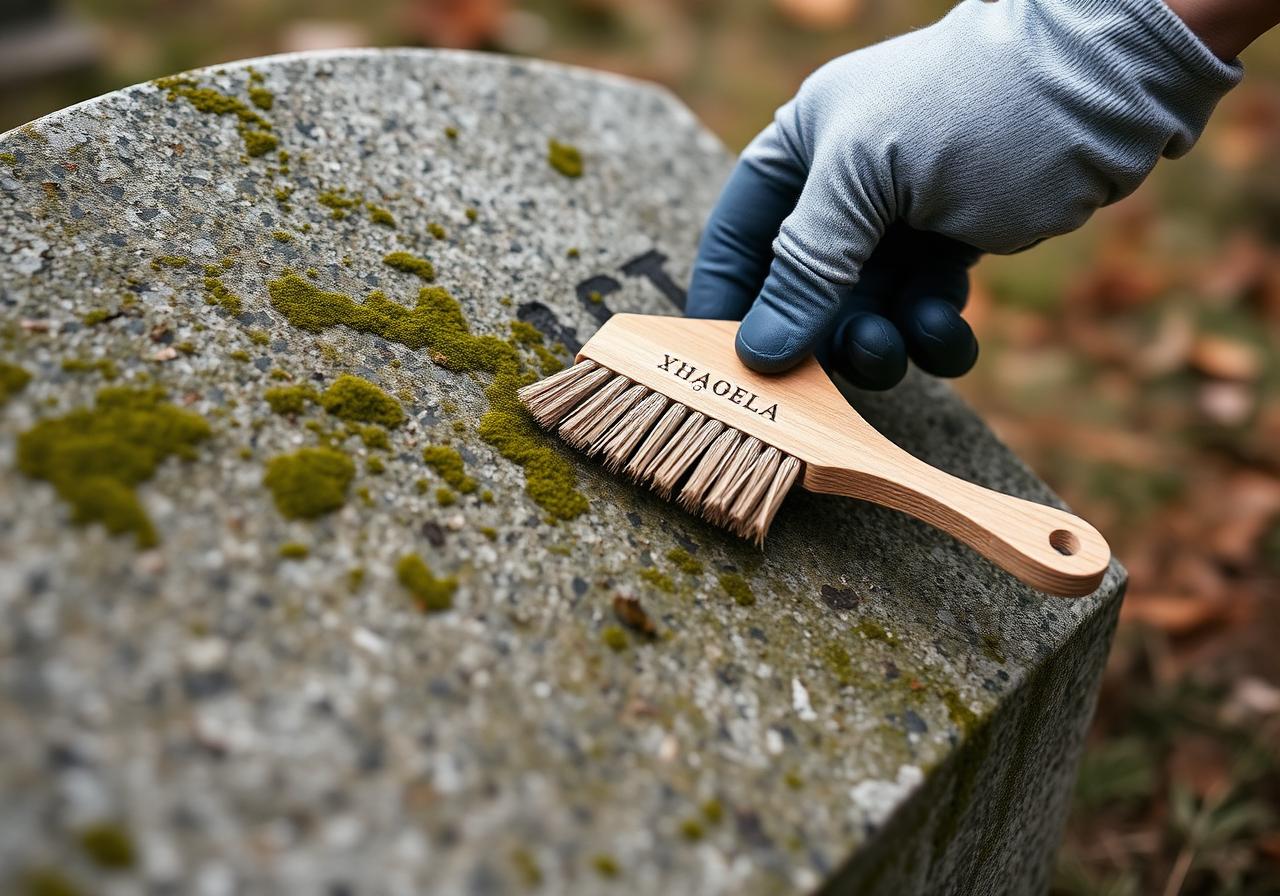 Specialist brushing moss off a granite headstone