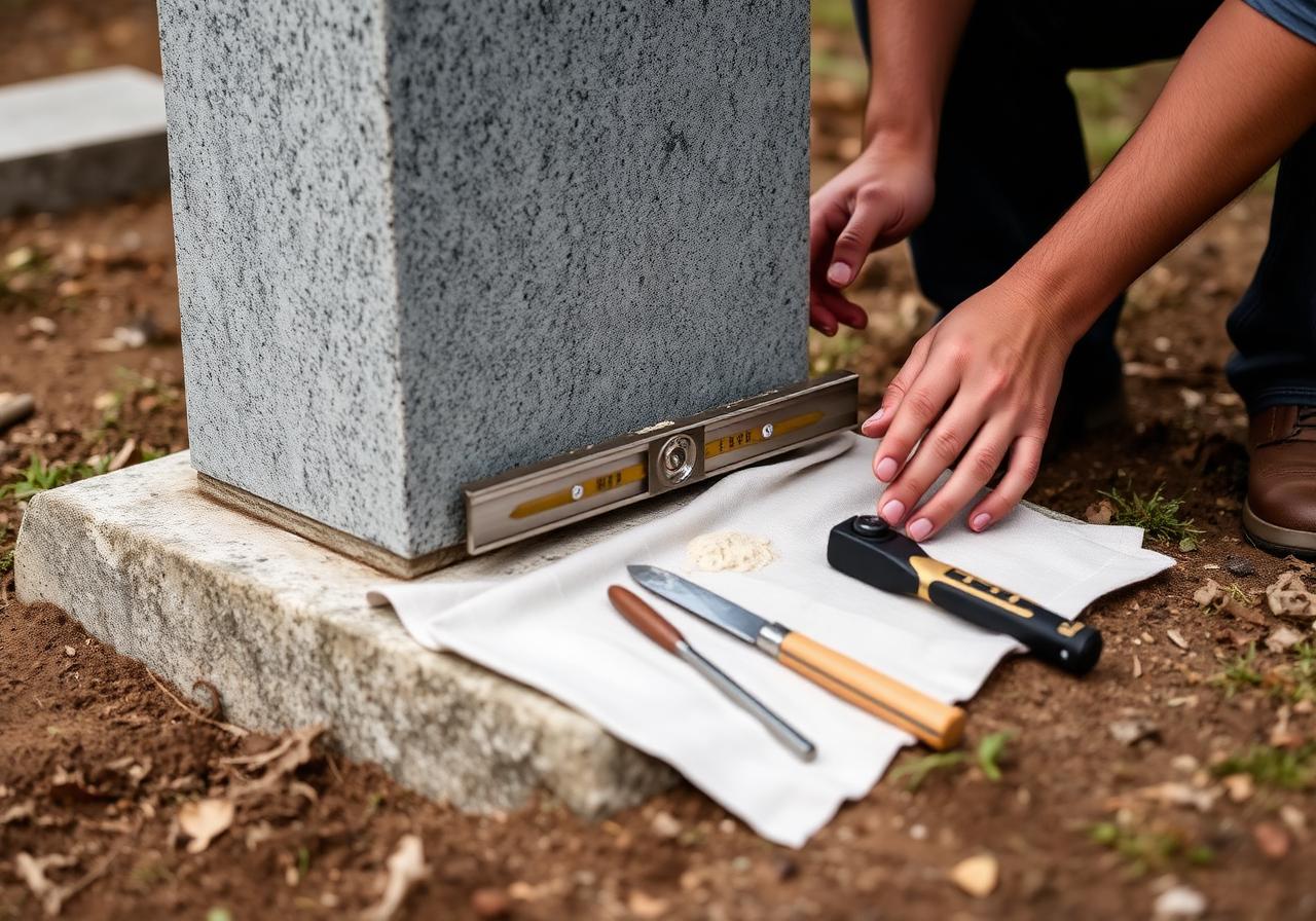 Hands re-leveling a granite monument with masonry tools