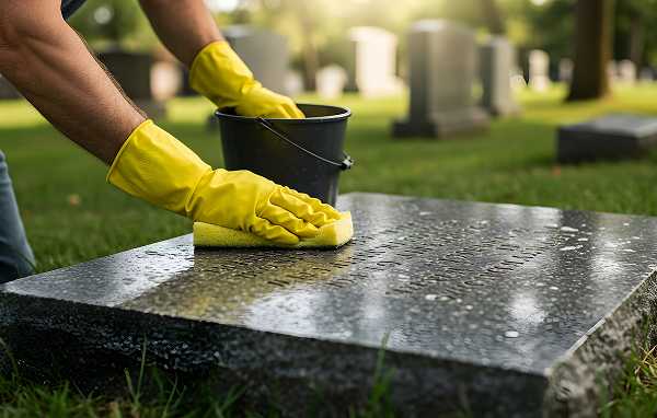 A Tending specialist performing professional wet cleaning on a granite headstone using a soft brush